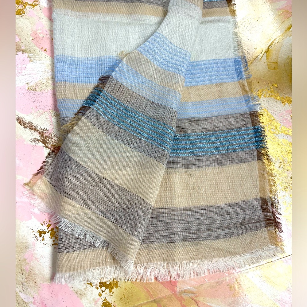 No brand high quality blue tan fringe scarf shawl